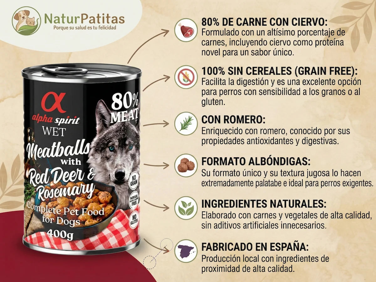 Lata de albóndigas de Ciervo, Pollo y Cerdo con Romero para Perro sin cereales