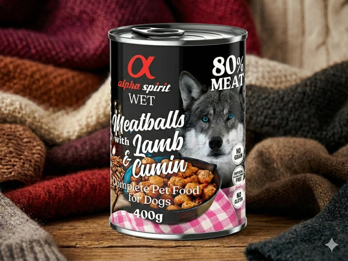 Lata de albóndigas de Cordero, Pollo y Cerdo con Comino para Perro sin cereales