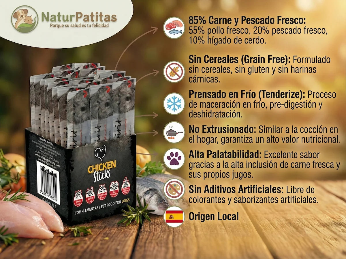 Barrita de snack natural de Pollo fresco y Pescado para Perro con 85% carne