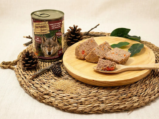 Lata de comida húmeda de Conejo, Pollo y Ciervo con superalimentos para Perro