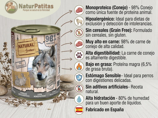Infografía de comida húmeda para perros Natural Greatness Conejo Monoproteico en formato de 400g. La imagen muestra la lata sobre un fondo de madera clara y piedras naturales, detallando sus beneficios: 98% carne de conejo, hipoalergénico, sin cereales, bajo en grasa y alta digestibilidad. Incluye el logo de NaturPatitas.