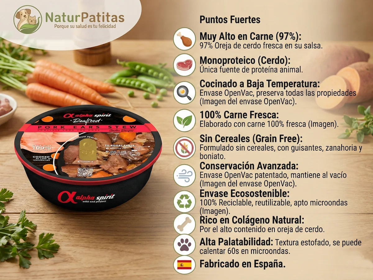 Comida húmeda estofada de 97% Oreja de Cerdo fresca para Perro rica en colágeno