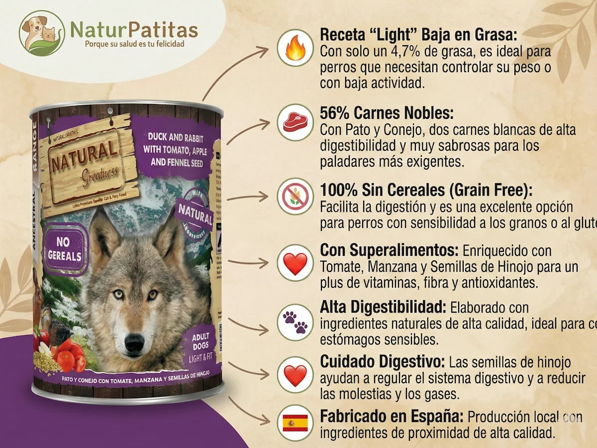 Lata de comida húmeda de Pato y Conejo baja en grasa para Perro adulto sin cereales