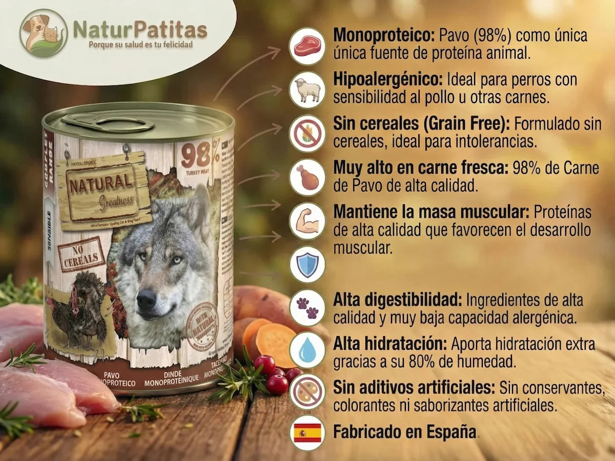 Lata de comida húmeda completa de Pavo 98% para Perro monoproteica y sin cereales