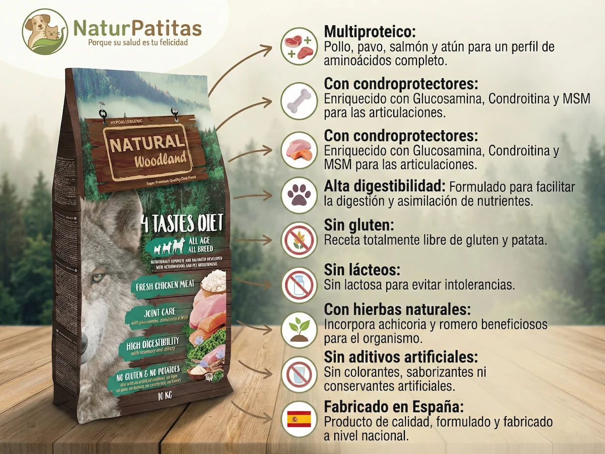 Infografía detallada de los beneficios del pienso para perros Natural Woodland 4 Tastes Diet de la tienda NaturPatitas. Muestra el saco de pienso junto a iconos explicativos que destacan sus características principales: receta multiproteica, alta digestibilidad, inclusión de condroprotectores y hierbas naturales, fórmula sin gluten, sin lácteos, sin aditivos artificiales y fabricado en España.