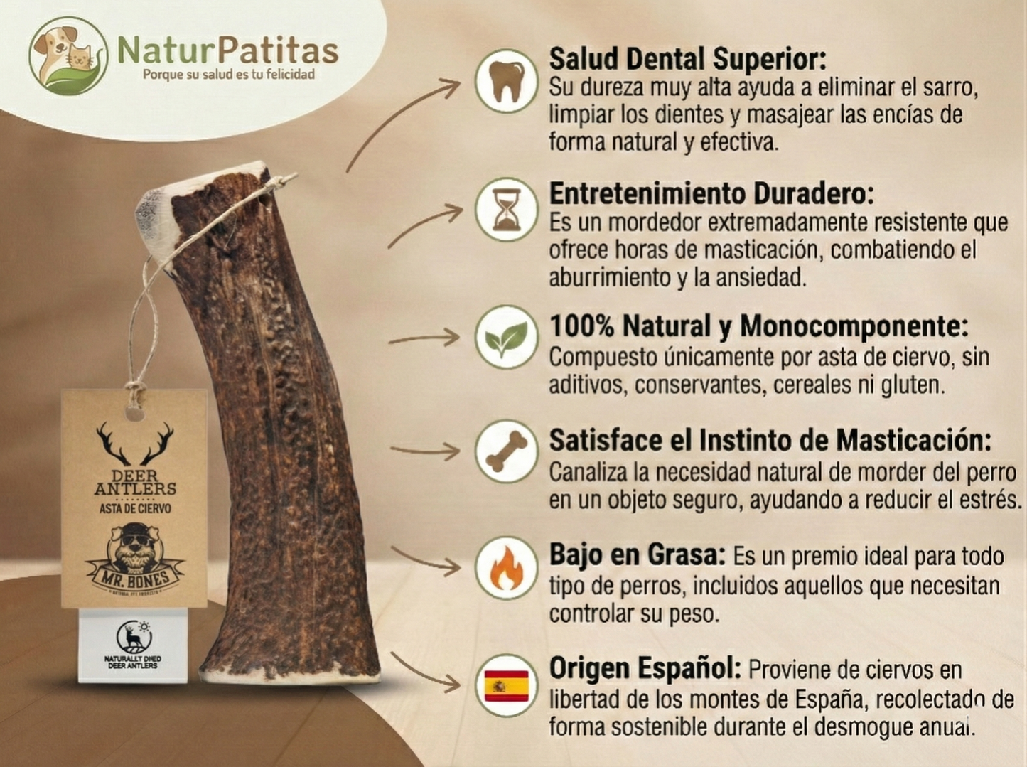 Mordedor Natural de Asta de Ciervo Entero "SIN CEREALES + SALUD DENTAL & ENTRENAMIENTO" para Perro Adulto