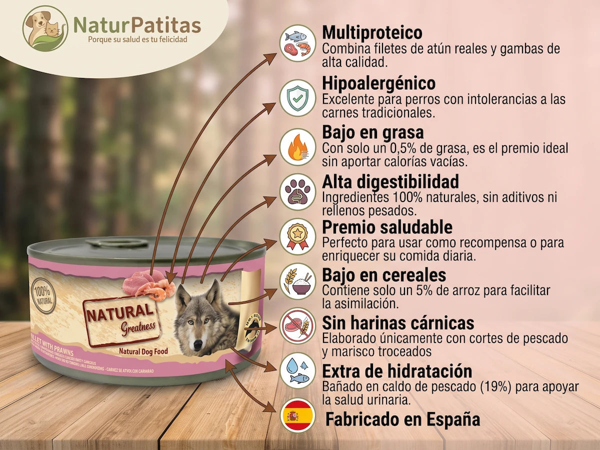 Migas de Atún y Gambas BAJO EN CEREALES + CONTROL DE PESO y PIEL Y PELAJE para Perro Adulto/Senior Cualquier Tamaño (también Esterilizado)