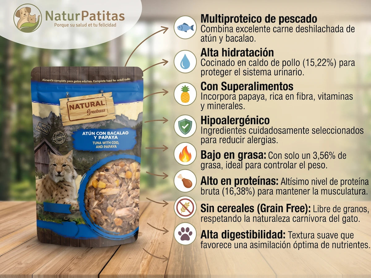 Pouche de Atún y Bacalao SIN CEREALES + SALUD DIGESTIVA y PROTECCIÓN URINARIA para Gato Adulto/Senior Cualquier Tamaño (también Esterilizado)