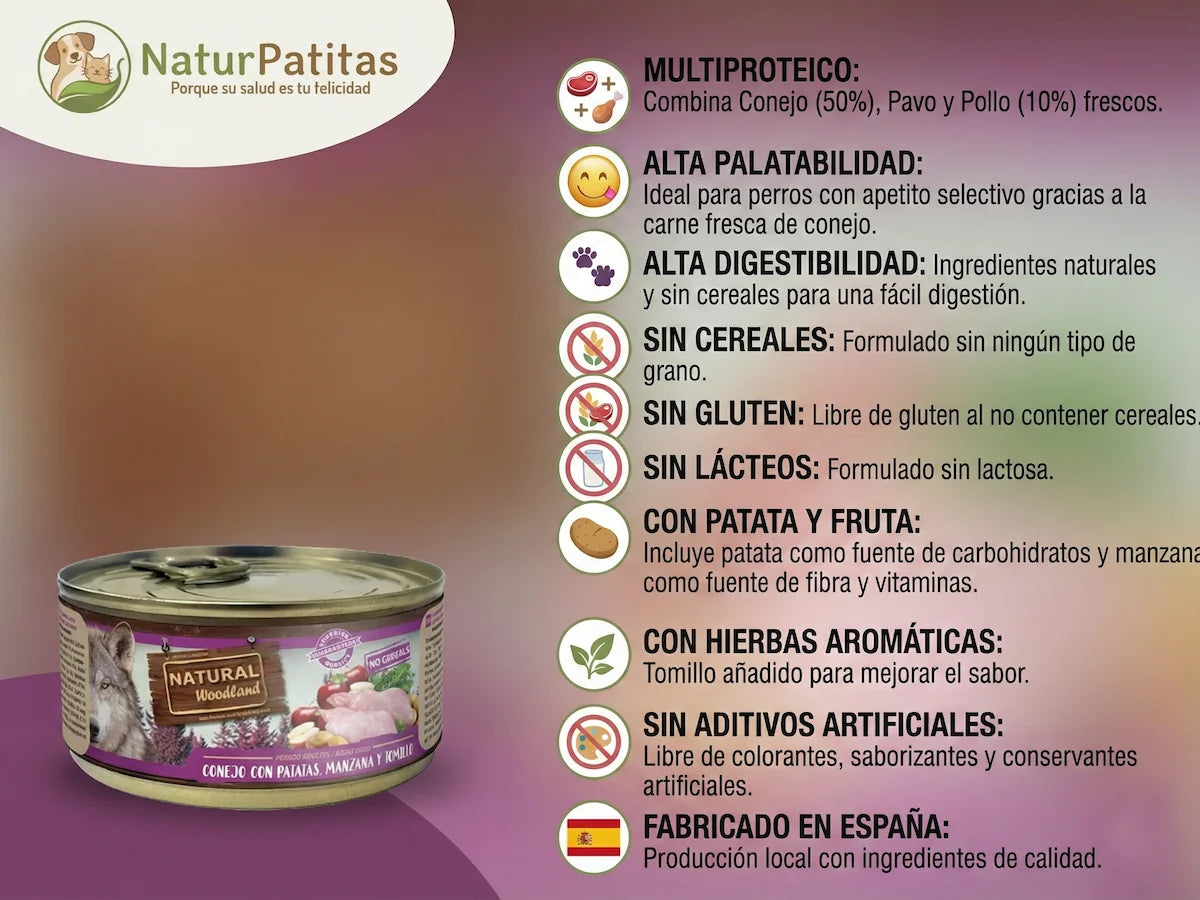 Paté completo de Conejo fresco con Manzana y Tomillo para Perro sin cereales