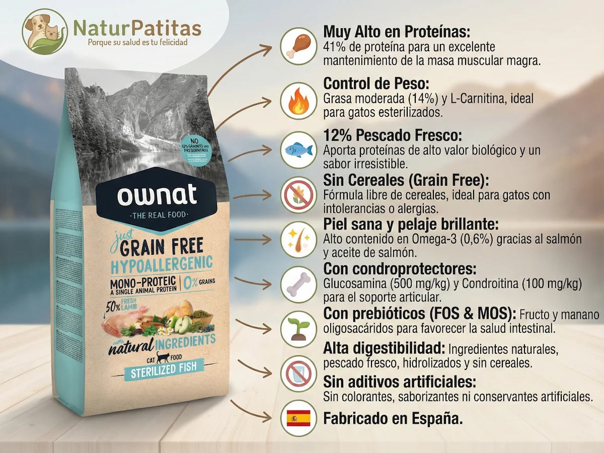 Pienso sin cereales de Pescado y Pollo para Gato esterilizado con control de peso
