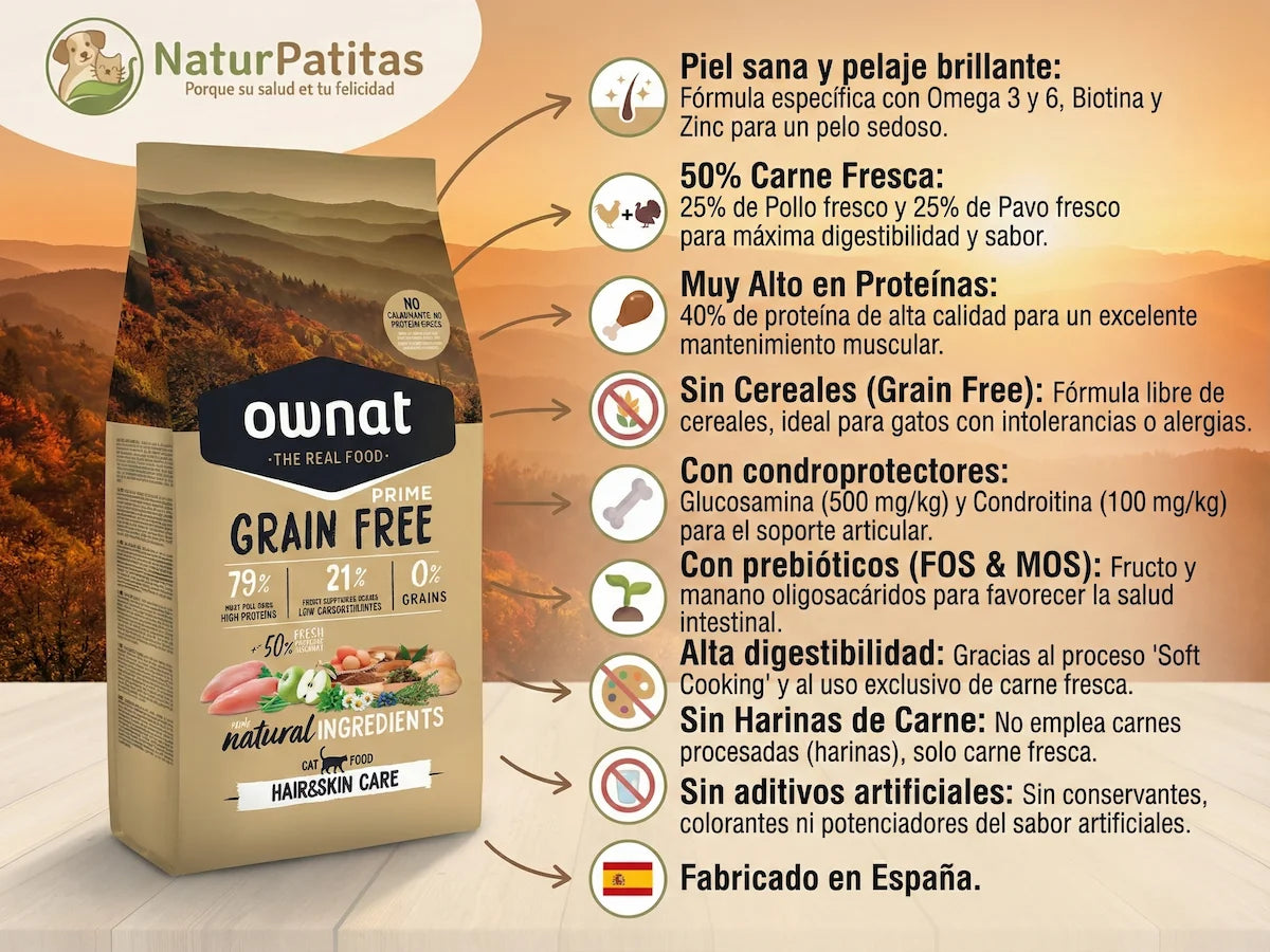 Pienso sin cereales de 50% Pollo y Pavo fresco para Gato para cuidado de piel y pelo