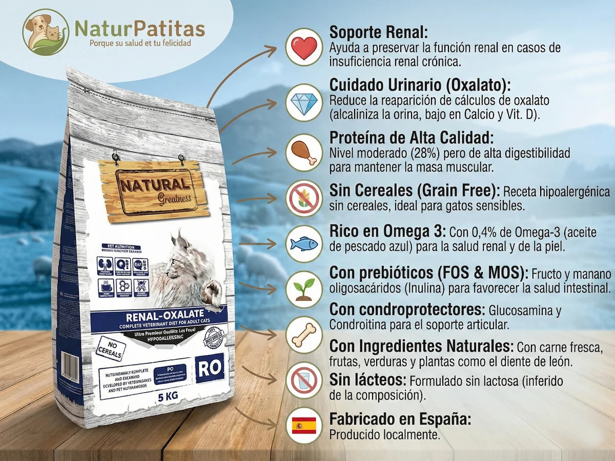Pienso veterinario renal y oxalato con 25% pollo fresco para Gato sin cereales