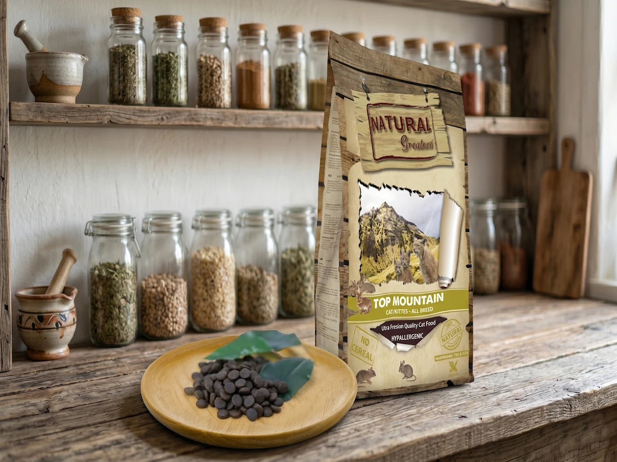 Bolsa de pienso hipoalergénico para gatos Natural Greatness Top Mountain en formato vertical junto a un plato redondo de madera con croquetas y hojas verdes, ambientado sobre una mesa rústica de cocina con tarros de cristal al fondo.