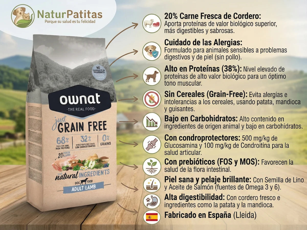 Pienso natural sin cereales con 20% cordero fresco para perro adulto con digestión sensible