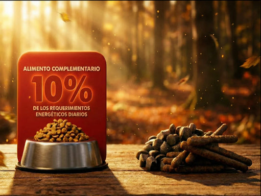 Aunque nuestros snacks y complementos naturales son deliciosos y saludables, recuerda que están diseñados para ser solo una pequeña parte de la dieta de tu mascota. Como indica la imagen, no deben superar el 10% de sus requerimientos energéticos diarios. El 90% restante debe provenir de un alimento principal completo y equilibrado para asegurar una nutrición óptima y un peso saludable a largo plazo. ¡Úsalos como un premio inteligente!