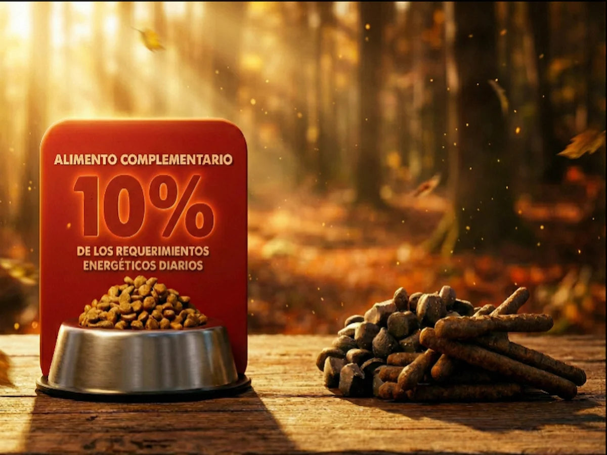 Aunque nuestros snacks y complementos naturales son deliciosos y saludables, recuerda que están diseñados para ser solo una pequeña parte de la dieta de tu mascota. Como indica la imagen, no deben superar el 10% de sus requerimientos energéticos diarios. El 90% restante debe provenir de un alimento principal completo y equilibrado para asegurar una nutrición óptima y un peso saludable a largo plazo. ¡Úsalos como un premio inteligente!