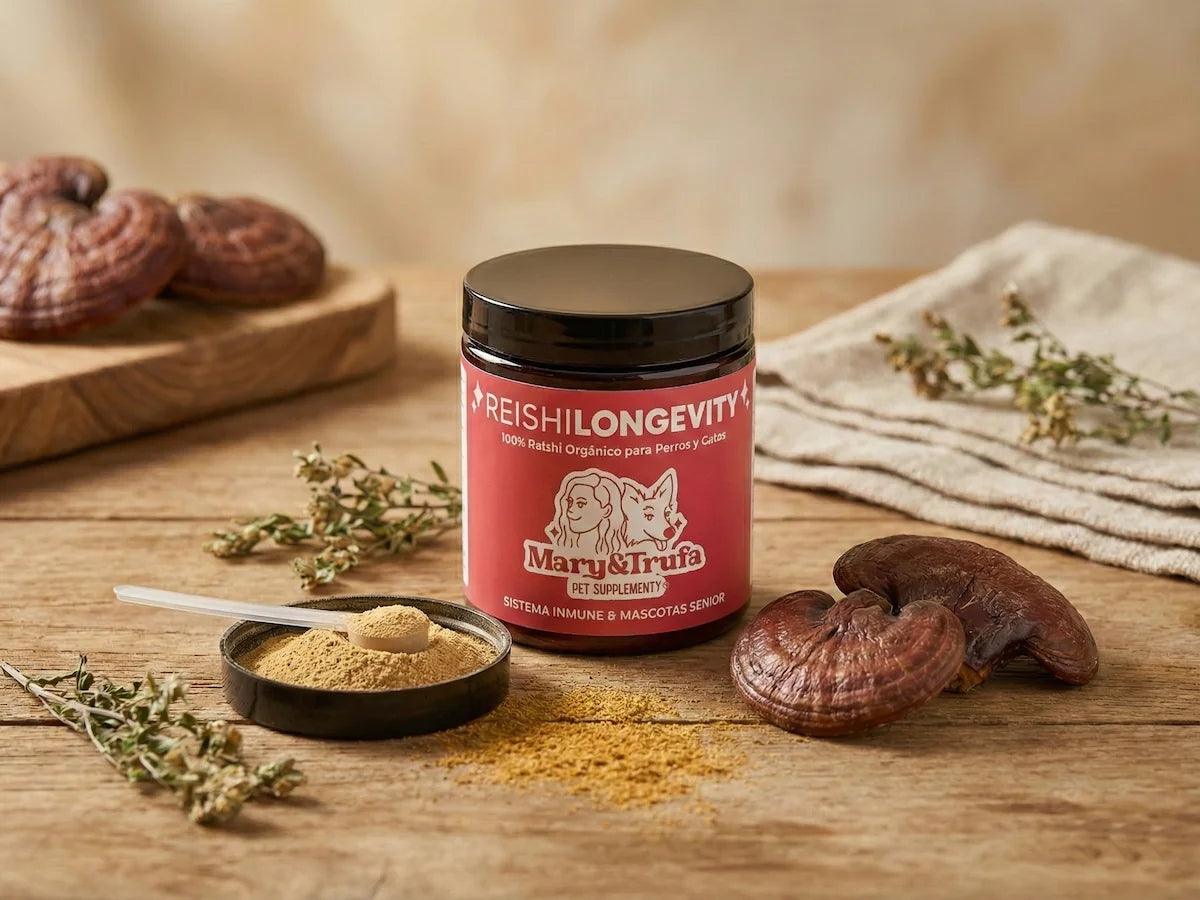 Bote de suplemento natural Reishilongevity de Mary & Trufa en NaturPatitas. Polvo de 100% hongo reishi orgánico para reforzar el sistema inmune y la vitalidad de perros y gatos senior.