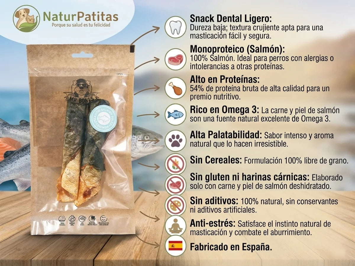 Snack dental natural de 100% Carne y Piel de Salmón deshidratado para Perro rico en Omega 3