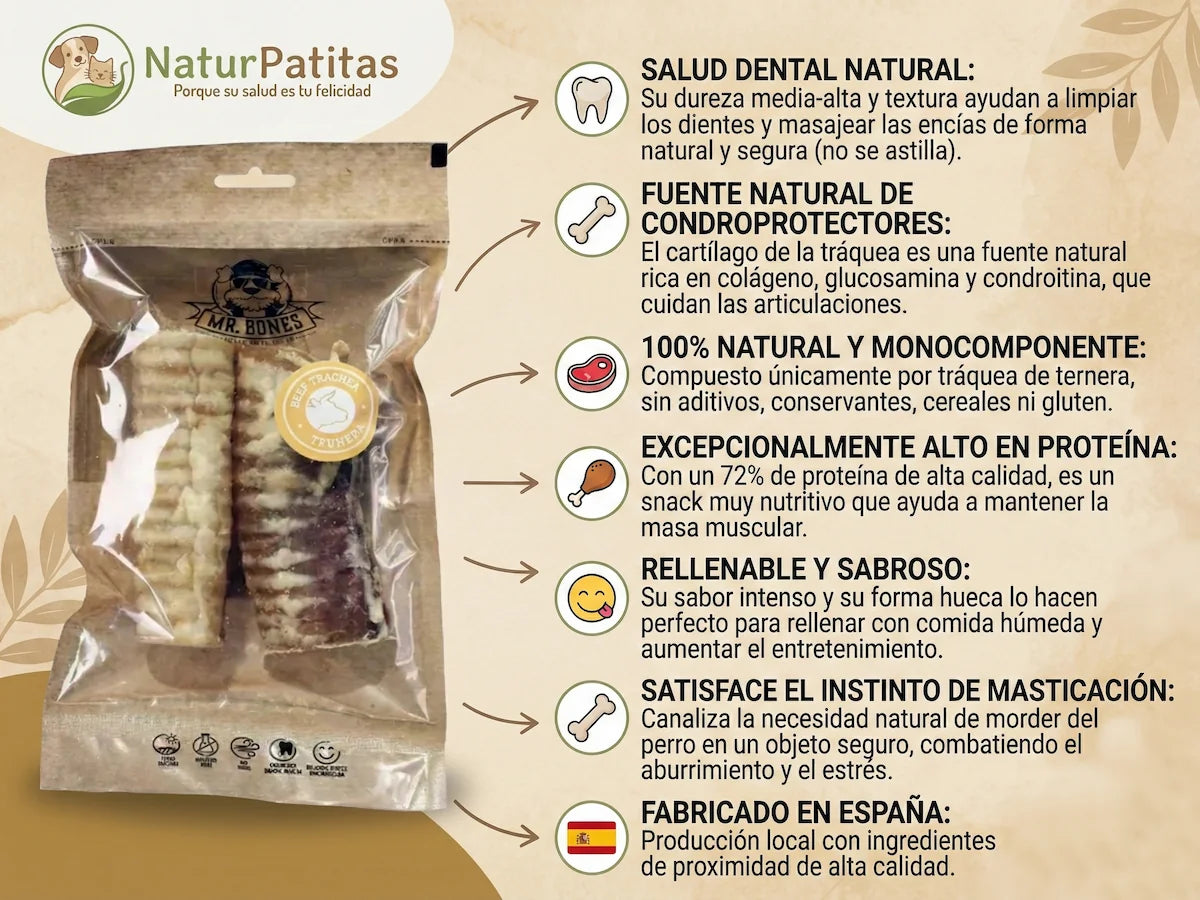 Snack natural de 100% Tráquea de Ternera deshidratada para Perro rellenable y dental