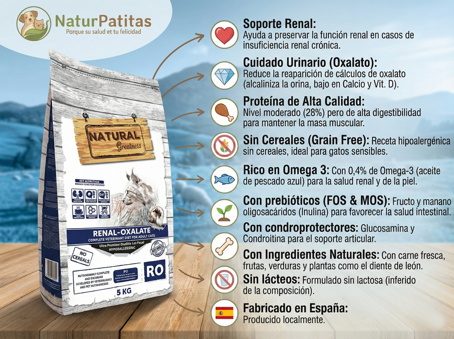 Pienso "VETERINARIO SIN CEREALES + SOPORTE RENAL & CUIDADO URINARIO" para Gato Adulto/Senior y Esterilizados