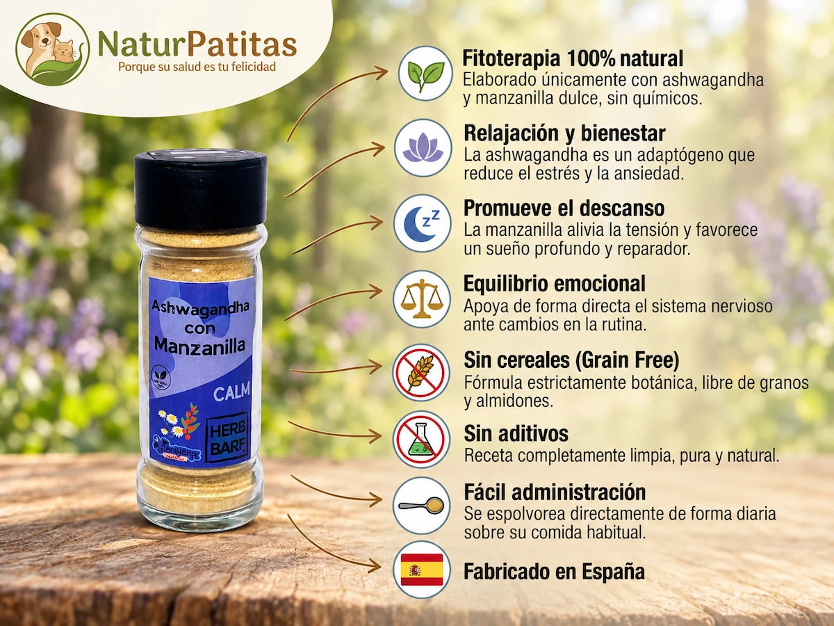 Suplemento de Ashwagandha y Manzanilla SIN CEREALES + RELAJACIÓN y ANTIESTRÉS para Perro Cachorro/Junior/Adulto/Senior Cualquier Tamaño (También Esterilizado)