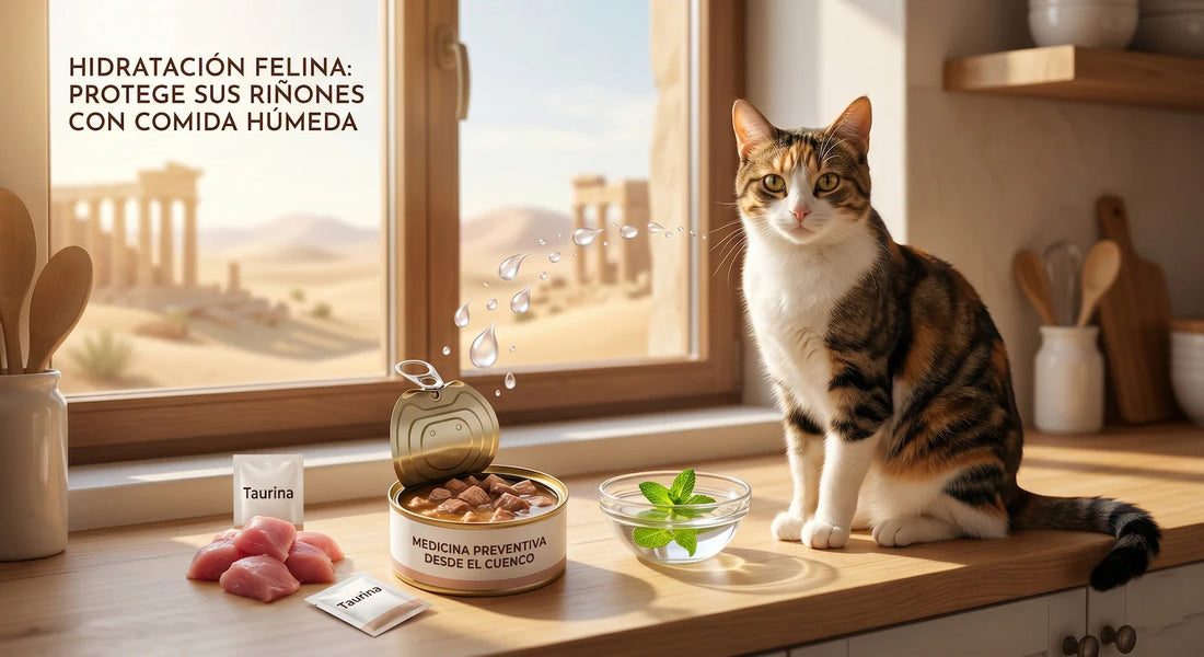 Un gato tricolor en una cocina junto a latas de comida húmeda, carne y paquetes de Taurina. Al fondo, un desierto con ruinas. Gotas de agua visualizan la hidratación. Texto: HIDRATACIÓN FELINA: PROTEGE SUS RIÑONES CON COMIDA HÚMEDA