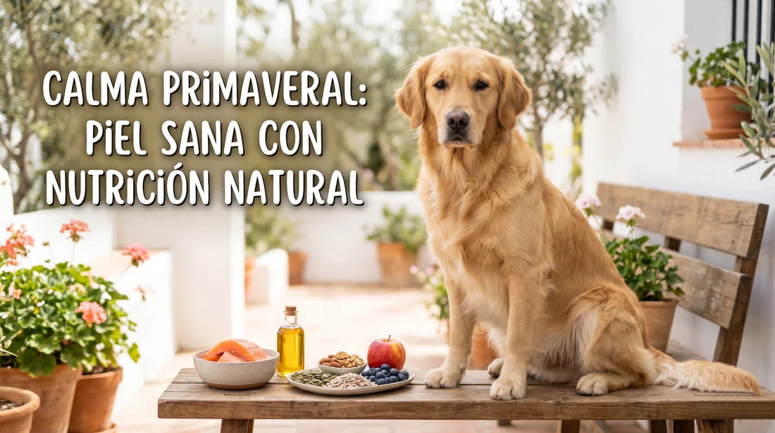 Perro Golden Retriever sano junto a ingredientes naturales como salmón, aceite rico en Omega 3, manzanas y arándanos para aliviar picores y alergias de piel.