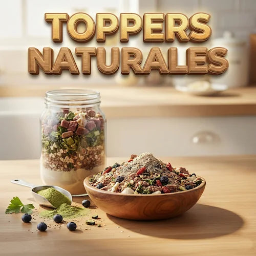 Toppers naturales y sazonadores para comida de perro: mezcla de superalimentos, polvo nutricional verde y frutos rojos para enriquecer el pienso.