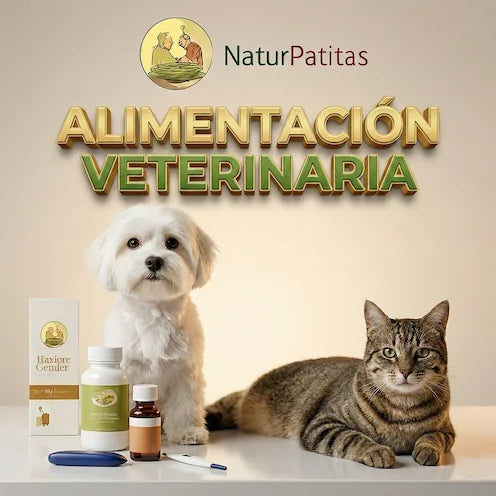 Perro y gato junto a gama de alimentación veterinaria y suplementos de salud marca NaturPatitas, incluyendo dieta prescrita y medidores.