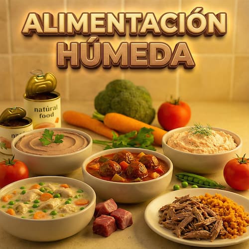 Variedad de alimentación húmeda natural para perros con ingredientes frescos, carne real y verduras.