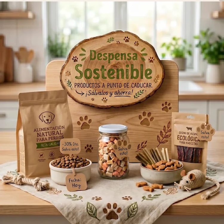 Cartel "Despensa Sostenible: Productos a punto de caducar" junto a alimentos naturales para mascotas. Muestra pienso, snacks, cecina y juguetes sobre una encimera, con etiquetas de descuento del -30% en forma de huella.