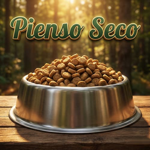 Pienso seco natural para perros en cuenco de acero: croquetas equilibradas ricas en proteína y sin cereales con fondo de naturaleza.