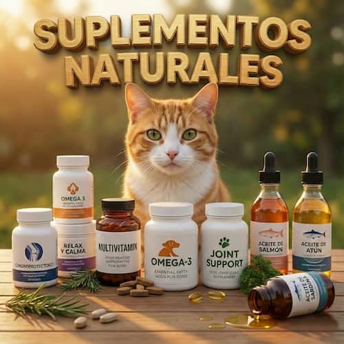 Colección de suplementos naturales para mascotas: aceites de pescado, condroprotectores y vitaminas con un perro de fondo.