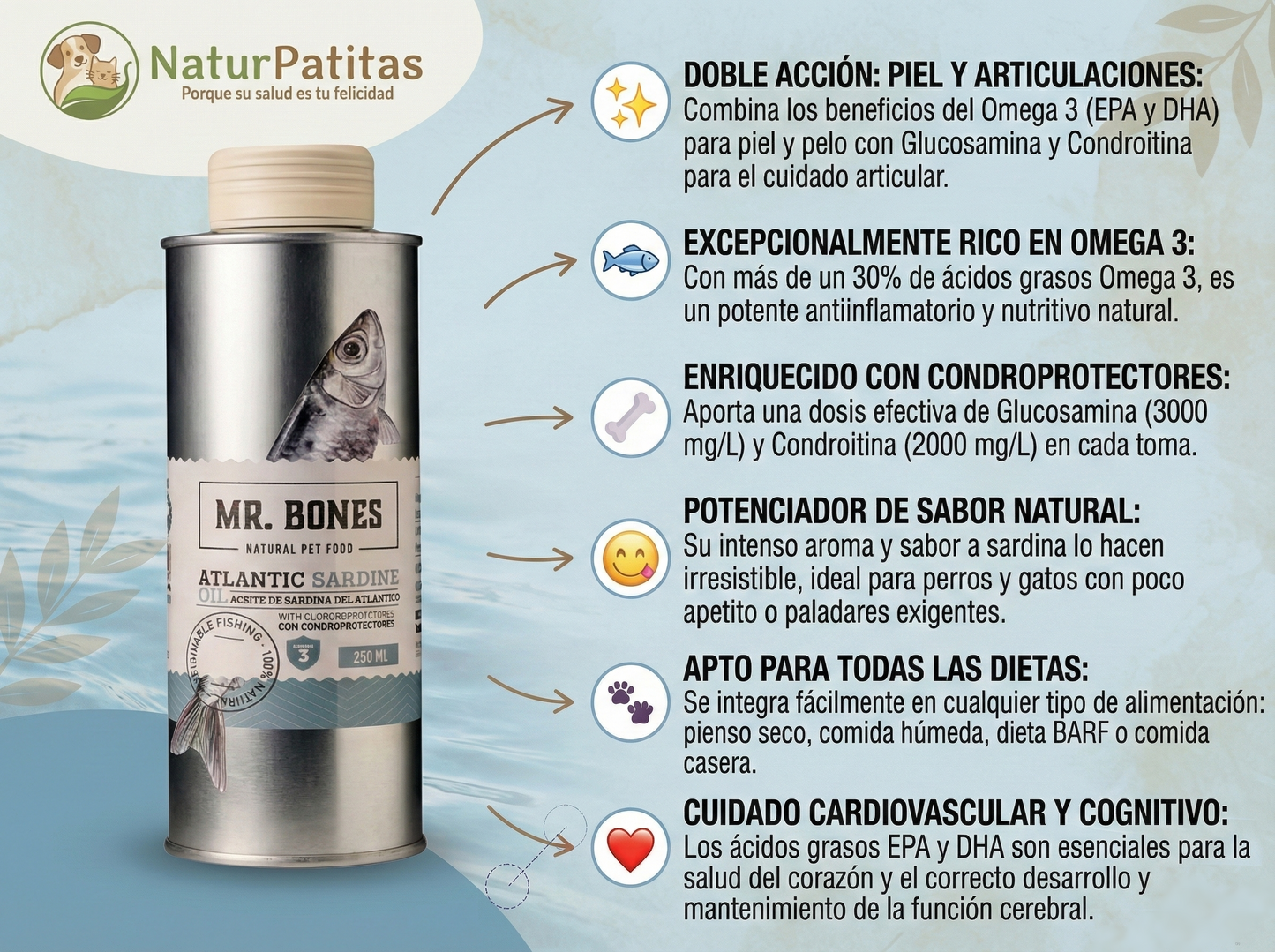 Suplemento de Aceite de Sardina "ENRIQUECIDO CON CONDOPROTECTORES" para Perro & Gato
