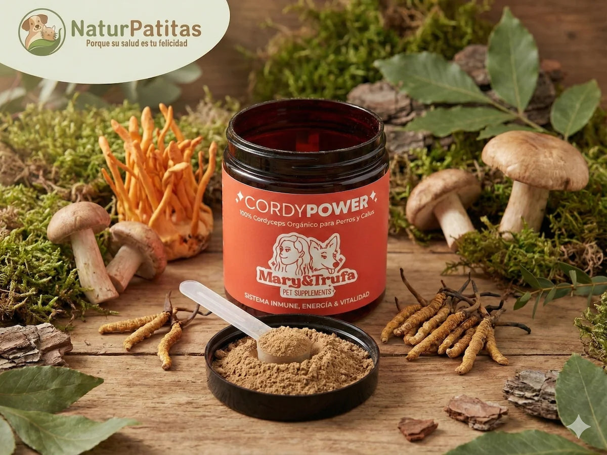 Imagen del bote de suplemento CORDYPOWER de NaturPatitas, con el logo de NaturPatitas y Mary & Trufa, colocado sobre una superficie de madera rústica. El bote está rodeado de setas de cordyceps frescas y secas, musgo y hojas, creando una escena natural y orgánica que destaca el origen natural del producto.