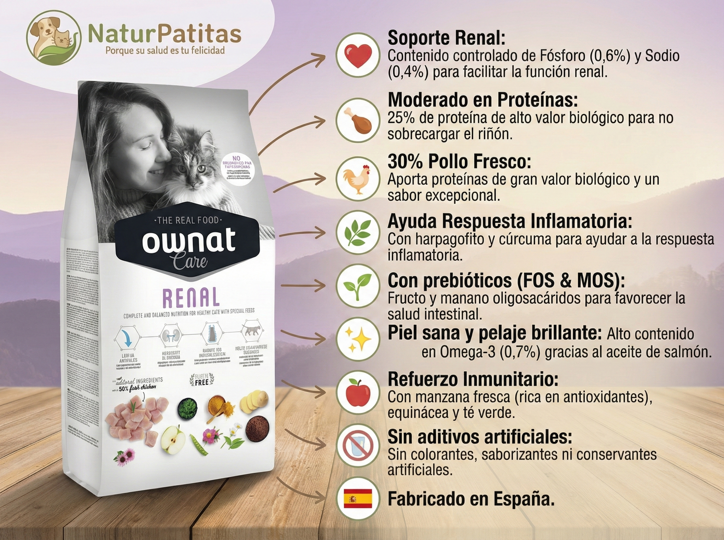 Pienso de Pollo "BAJO EN CEREALES SIN GLUTEN + CUIDADO ESPECIAL RENAL" para Gato Adulto/Senior