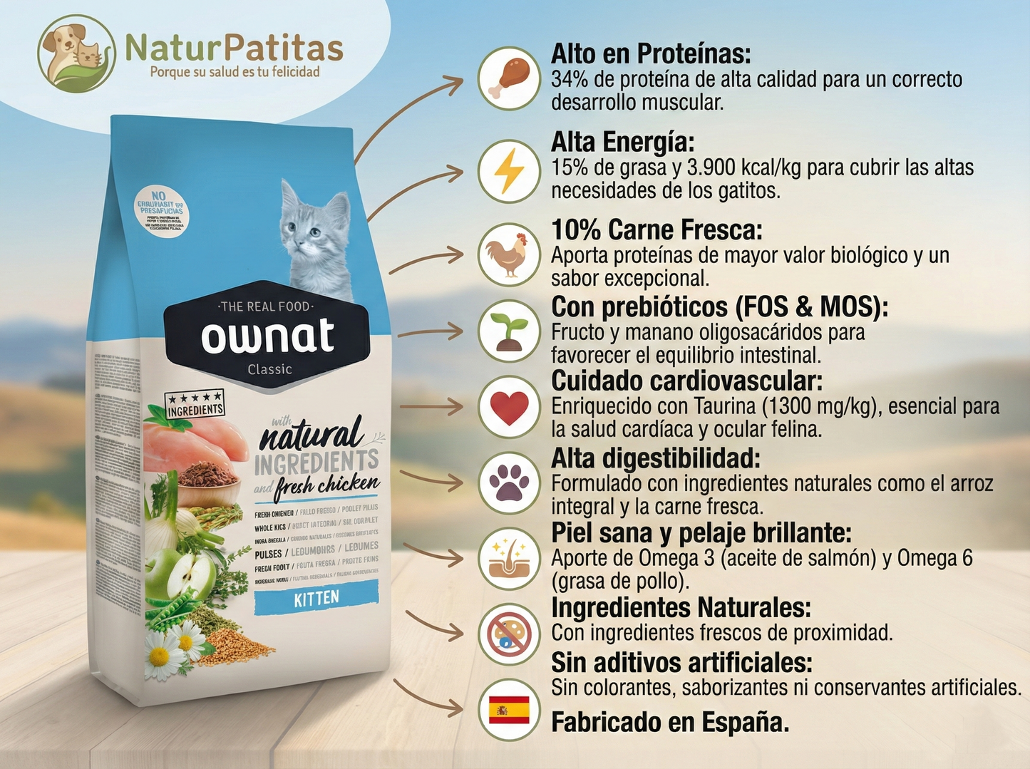 Pienso de Pollo, Pescado y Huevo "CON CEREALES Y GLUTEN + DESARROLLO MUSCULAR & SALUD CARDÍACA / OCULAR" para Gato Gatito/Junior