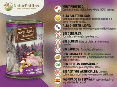Paté Completo de Conejo Fresco con Patatas, Manzana y Tomillo "SIN CEREALES + DIGESTIÓN & PELAJE" para Perro Adulto/Senior de cualquier tamaño