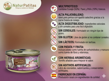 Paté Completo de Conejo Fresco con Patatas, Manzana y Tomillo "SIN CEREALES + DIGESTIÓN & PELAJE" para Perro Adulto/Senior de cualquier tamaño