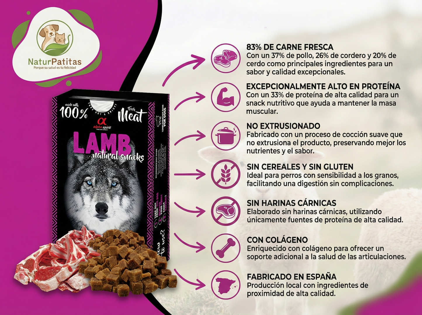 Snack Complementario Funcional Semihúmedo de Cordero "SIN CEREALES + REFUERZO ARTICULAR & PIEL SANA" para Perro cualquier edad y tamaño