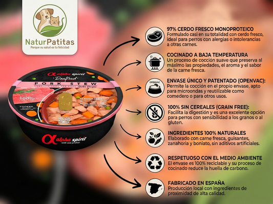 Comida Real Completa Estofado de Cerdo Fresco "SIN CEREALES + REFUERZO DIGESTIVO E INMUNITARIO" para perro Adulto/Senior cualquier tamaño