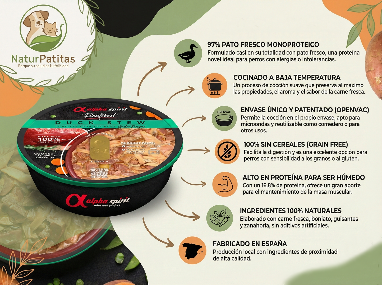 Comida Real Completa Estofado de Pato Fresco "SIN CEREALES + REFUERZO DIGESTIVO E INMUNITARIO" para perro Adulto/Senior cualquier tamaño