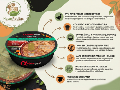 Comida Real Completa Estofado de Pato Fresco "SIN CEREALES + REFUERZO DIGESTIVO E INMUNITARIO" para perro Adulto/Senior cualquier tamaño