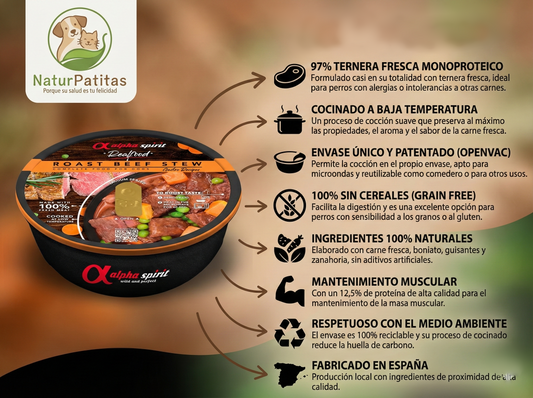 Comida Real Completa Estofado de Ternera Fresca "SIN CEREALES + REFUERZO DIGESTIVO E INMUNITARIO" para perro Adulto/Senior cualquier tamaño