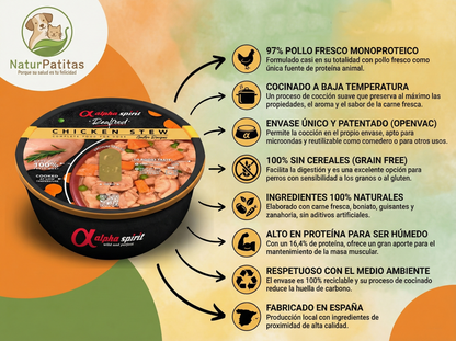 Comida Real Completa Estofado de Pollo Fresco "SIN CEREALES + REFUERZO DIGESTIVO E INMUNITARIO" para perro Adulto/Senior cualquier tamaño