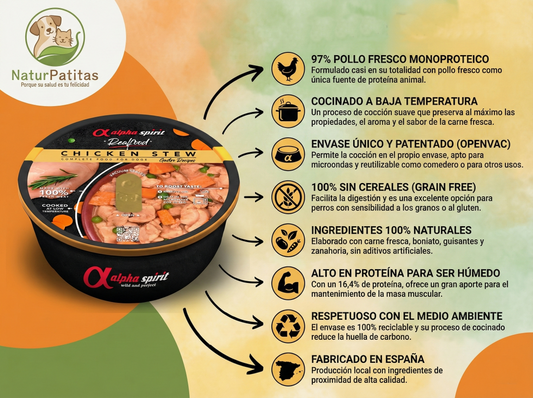 Comida Real Completa Estofado de Pollo Fresco "SIN CEREALES + REFUERZO DIGESTIVO E INMUNITARIO" para perro Adulto/Senior cualquier tamaño