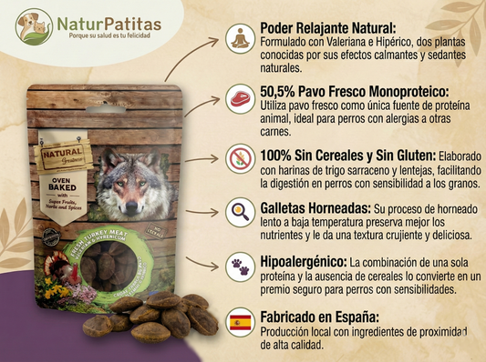 Snack Complementario Funcional Galletas Horneadas de Pavo, Valeriana e Hipérico "SIN CEREALES + RELAJANTES & PIEL/PELO" para Perro Adulto/Senior cualquier tamaño