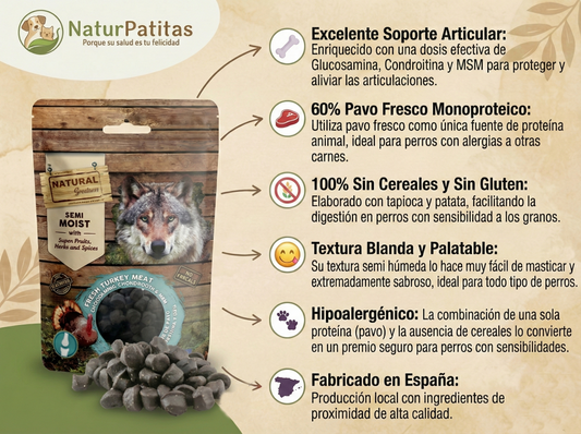 Snack Complementario Funcional Bolitas de Pavo "SIN CEREALES + CUIDADO ARTICULAR & ALTA PALATABILIDAD" para Perro Adulto/Senior cualquier tamaño