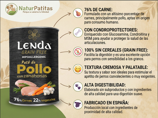 Paté Completo de Pollo con Zanahorias "SIN CEREALES + CUIDADO ARTICULAR & REFUERZO INMUNOLÓGICO" para Perro Adulto/Senior cualquier tamaño