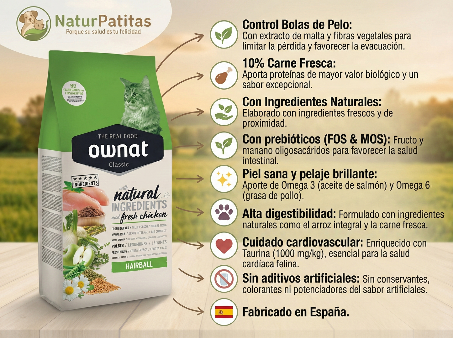 Pienso de Pollo y Pescado "CON CEREALES Y GLUTEN + CONTROL BOLAS PELO & PIEL Y PELO SANO" para Gato Adulto/Senior
